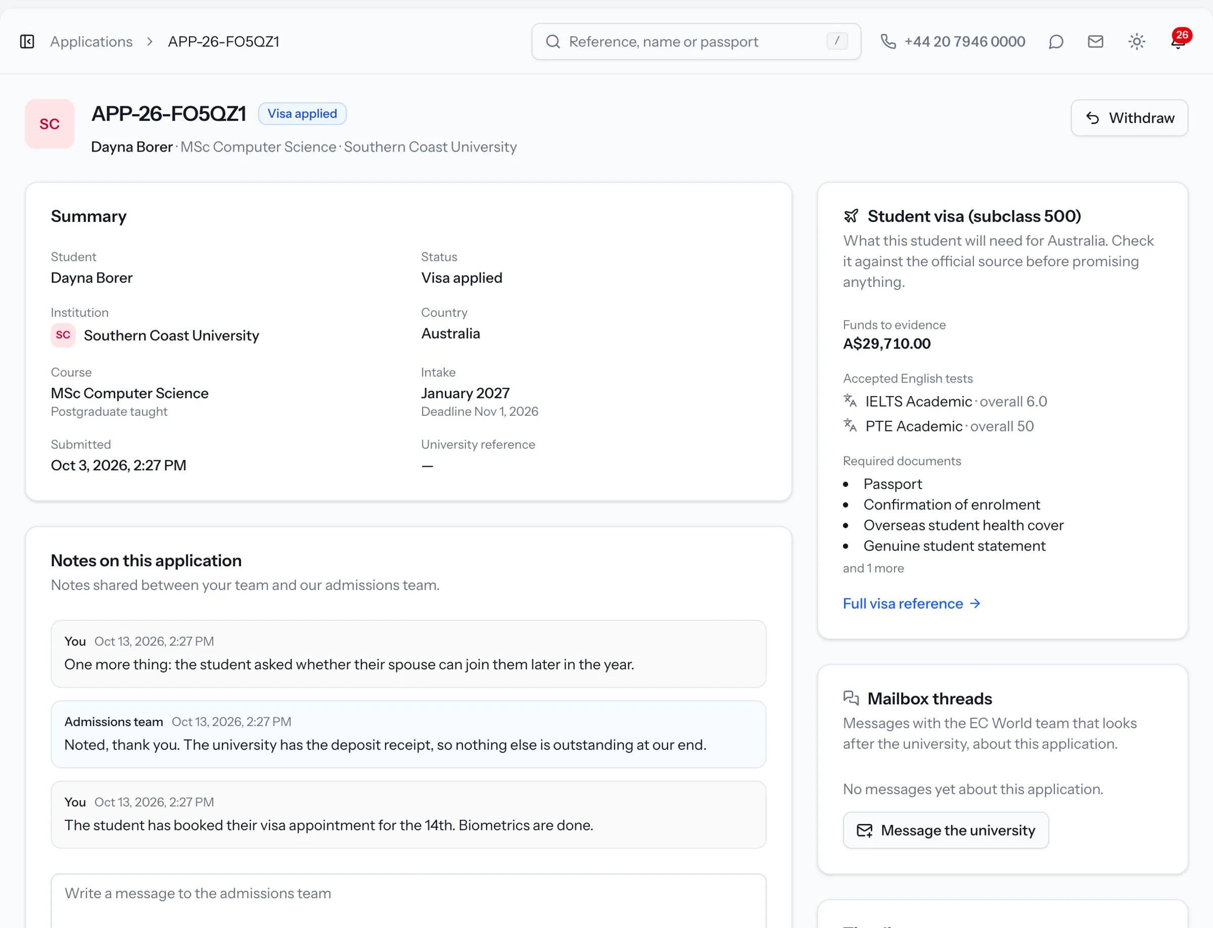 One application in Riseway, with its course, intake and the history of every status change